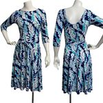 Leota  Women's XS Dress Tie Waist Fit & Flare ¾ Sleeve Blue Green Floral Hawaiian Photo 1