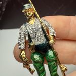 Fisherman Rhinestone Brooch Pin Gold Tone Man Fishing Green Enamel Overalls Photo 12