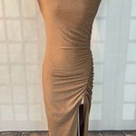 Dress Forum  Tan Metallic Glitter High Neck Ruched Slit Bodycon Midi Dress Small Photo 3