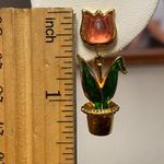 Avon Gold Tone Pink Tulip Flower Pot Dangle Clip Earrings Green Enamel Cottage Photo 6