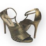 Neiman Marcus π€ T-Strap Stiletto Heeled Sandal π€ Metallic Gold Leather π€ 8M Photo 0