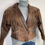 Vintage 80s Western Leather Jacket Fringe Laced Brown Boho Rodeo Cowboy Biker L Size L Photo 13