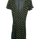 ZARA Mini Dress SMALL Black Yellow Lemon Print V-Neck Short Sleeve Casual Button Photo 2