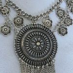 Boutique Boho Silver Tone Long Necklace with Flower Charms Medallion Fringe Earrings Set Photo 3