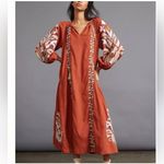 Anthropologie  Boho Embroidered Rust Midi Dress | Puff Sleeve Ethnic Folk Style M Photo 1