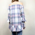 Beach Lunch Lounge Pink & Blue Plaid Off the Shoulder Tunic Blouse Photo 2