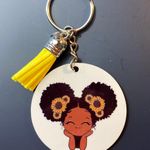 Handmade African American Girl With Sunflowers In Her Hair Round Keychain With Tassel Photo 0