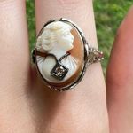 14k White Gold Art Deco Cameo Old European Cut Diamond and Onyx Flip Ring Silver Photo 0