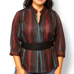 Vintage 80s Striped Sheer Blouse Black Belted Waist Mandarin Collar Metallic Size L Photo 0