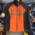 Harley Davidson Womens Black Orange Full Zip Jacket Sz Medium Biker Chic Race Photo 0