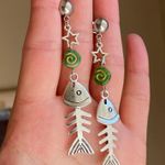 Handmade fish bone boho funky unique dangle earrings🌀🐟💙 Photo 2