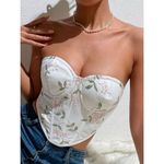 SheIn White Pink Green Floral Embroidery Tie Back Corset Crop Top Small Photo 5
