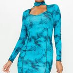 Pretty Little Thing BLUE TIE DYE RIB STITCH DETAIL HIGH NECK LONG SLEEVE CUT OUT BODYCON DRESS  Photo 0