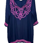 Gretchen Scott Navy Blue Pink Embroidery V Neck Gauze Pockets Tunic Dress LARGE Photo 0