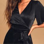Lulus Wrapped Up In Love Black Satin Faux-Wrap Midi Dress Photo 2