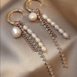 Pearl Dangle Earrings Gold Hoop Chain Rhinestone Drop Earrings Women Photo 2
