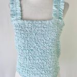 Petersyn New Smocked Ruffle Strap Tami Top Aqua Blue White Stripe Photo 6