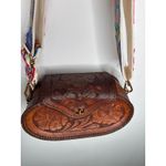 Vintage 1970s Tooled Leather Floral Crossbody Bag with Embroidered Strap Brown Photo 8