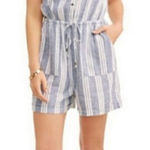 Blue and White Striped Romper Collared Neckline Size M Photo 0
