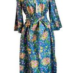 Vintage David Brown Floral Bouquet Cotton Zip Up Belted Caftan Dress Size Small Blue Photo 0