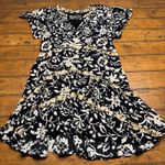 Anthropologie  Black White Gold Floral Tiered Ruffle V Neck Dress Size S Photo 0