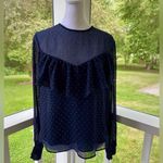 EXPRESS Sheer Navy Sleeve Blouse Hot Pink Polka Dots & Ruffle Detail - Size M Photo 1