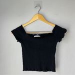 ZARA  Trafaluc Off the Shoulder Black Ribbed Short Sleeve Lettuce Hem Crop Top Photo 3