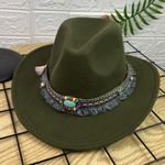 Dark Green‎ Western Cowboy, Cowgirl Hat, Bead Tassle Strap, Men Women Wide Brim Green Photo 0