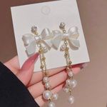 Elegant Bow White Pearl Dangle Drop Earrings for Women,Pearl Earrings Gold Photo 0