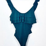 Cupshe  Forest Green Ruffle Ribbed One Piece V Neck Cheeky‎ Swimsuit Medium NWT Photo 0