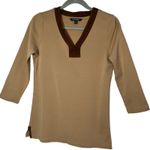 Ralph Lauren Lauren  Tan Brown Suede Trim V Neck Long Sleeve top Size Med Photo 0