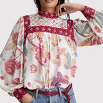 Anthropologie Let Me Be Womens Top Red Quilted Floral Blouse Cottagecore Boho XS Photo 0