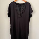 Vince Viscose Blend Silk V-neck Trim Short Sleeves Black Shift Dress Size L Photo 1