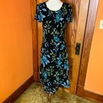 Vintage Black Floral Midi Dress Blue Green Flower Print Short Sleeve Size 12 Photo 6