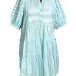 &merci &merci Aqua White Striped Seersucker Tiered Mini Dress S Half Button Puff Sleeve Photo 1