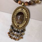 Tigers Eye Oval Pendant Necklace Choker Agate Stone Jewelry Vintage u Gold Photo 2