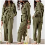 ZARA {XS} NWT (NO BELT) Olive Green Modal Long Sleeve Constrat Stitch Jumpsuit Photo 0