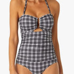 Anne cole Bandeau Shirred Keyhole One Piece Swimsuit Black White Gingham 16 NEW Photo 0