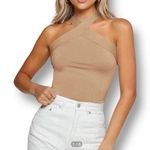 SHEIN BAE S Beige Criss‑Cross Halter Top NWT Cross Neck Y2K Clubwear Chic Tan Photo 0