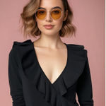 Honey Punch Women's Black Ruffle V-Neck Long Sleeve Bodysuit Size Small Photo 0