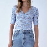 ZARA NEW Tulle Blue Floral Rosebud Ruched Blouse Size Small NWT Photo 1