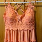 Zenana Outfitters crochet lace cross strap smocked, light peach, ruffle, cami tunic size L Photo 2