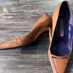 Manolo Blahnik Pumps Beige Camel Brown Leather Purple Stitching Shoes 37 Photo 0