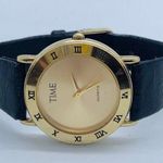 Time women watch gold tone 33mm black leather band running Photo 0