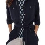 J.Jill  Wearever Button-Front Belted Woven Jacket Navy Size M Business Casual Photo 0