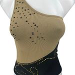 Aura Tan Black Sleeveless One Shoulder Rib Beaded Camisole Bodysuit Tank Top S/M Photo 2
