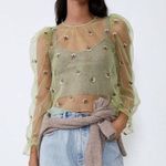 ZARA  sheer sexy green Embroidered Organza blouse with red roses medium Photo 0