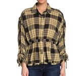 Free People  Women's Pacific Dawn Plaid Shirt black green tan sz L Photo 2
