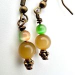 Handmade  Beaded Drop Earrings Green & Amber Glass Beads Antiqued Bronze Hooks Photo 1