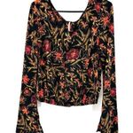 Free People  Size M Scoop Neck Long Bell Sleeve Top Black and Yellow Floral Print Photo 0
